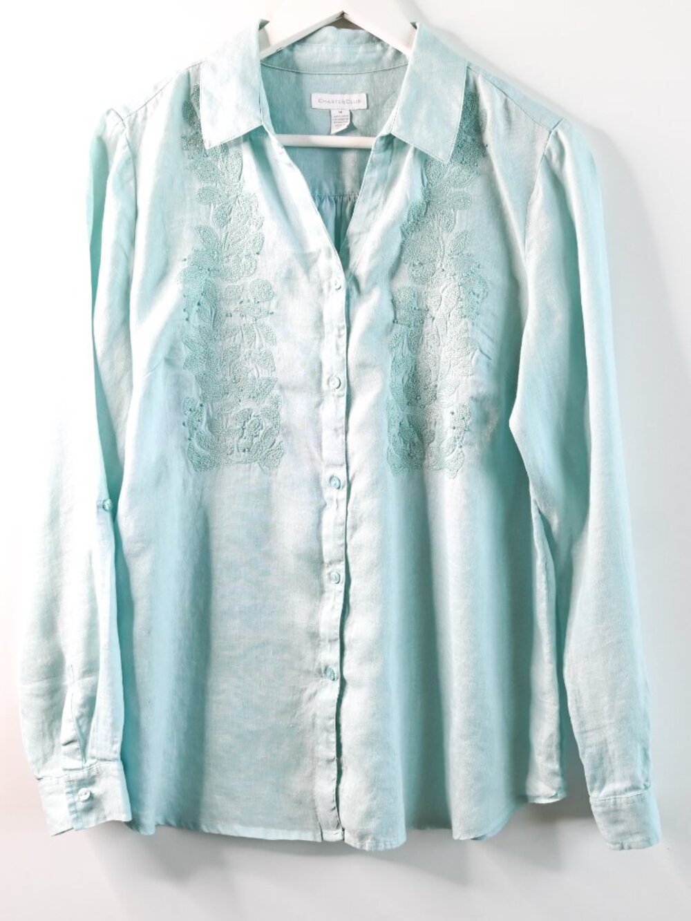 CHARTER CLUB Mint Green Embroidered Button Down Long Sleeve Blouse - Size Medium - Picture 2 of 9